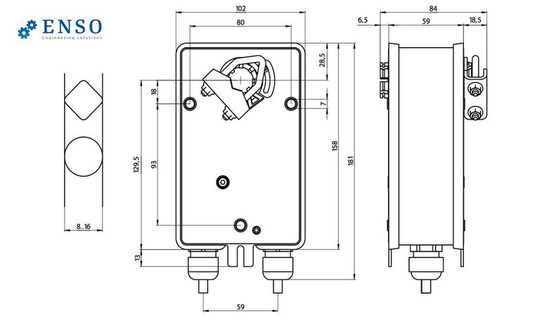 Электропривод ENSO LAB R-LM24-S2 — габаритные размеры, мм